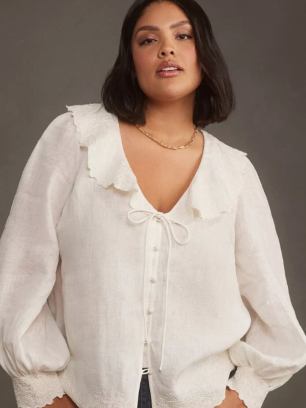 NWOT - By Anthropologie Long-Sleeve Embroidered Linen Tie-Front Top - Picture 4 of 8